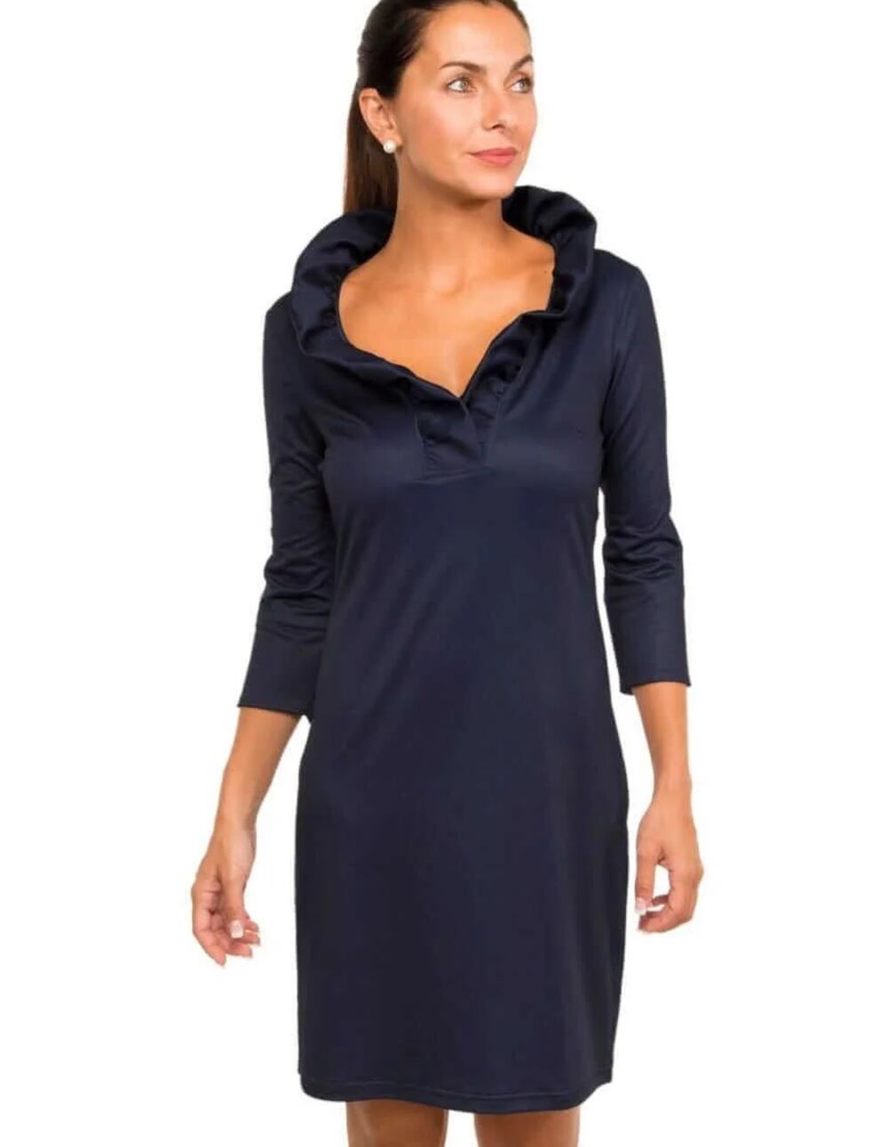 Gretchen Scott Ruff Neck Jersey Dress M Navy Coastal Chic Preppy Resort Nautical